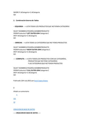 WHERE P.IdCategoría =C.IdCategoría 
GO 
2. Combinación Externa de Tablas 
-- IZQUIERDA ---> LISTA TODAS LOS PRODUCTOS QUE NO TIENEN CATEGORÍAS 
SELECT NOMBRECATEGORÍA,NOMBREPRODUCTO 
FROM Productos P LEFT OUTER JOIN Categorías C 
ON P.IdCategoría =C.IdCategoría 
GO 
---DERECHA ---> LISTA TODAS LA CATEGORÍAS QUE NO TIENES PRODUCTOS 
SELECT NOMBRECATEGORÍA,NOMBREPRODUCTO 
FROM Productos P RIGHT OUTER JOIN Categorías C 
ON P.IdCategoría =C.IdCategoría 
GO 
---- COMPLETA ----> LISTA TODOS LOS PRODUCTOS CON SUS CATEGORÍAS, 
PRODUCTOS QUE NO TIENE CATEGORÍAS 
Y LAS CATEGORIAS QUE NO TIENEN PRODUCTOS 
SELECT NOMBRECATEGORÍA,NOMBREPRODUCTO 
FROM Productos P FULL OUTER JOIN Categorías C 
ON P.IdCategoría =C.IdCategoría 
GO 
Publicado 12th July 2012 por kevin lopez chavez 
0 
Añadir un comentario 
4. 
JUL 
12 
CREACION DE BASE DE DATOS 
---- CREACION DE BASE DE DATOS ---- 
 
