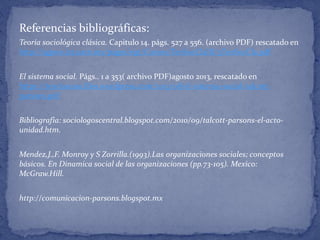 Referencias bibliográficas:
Teoría sociológica clásica. Capitulo 14. págs. 527 a 556. (archivo PDF) rescatado en
http://sgpwe.izt.uam.mx/pages/egt/Cursos/TeoSocClaIII/3TeoSocCla.pdf
El sistema social. Págs.. 1 a 353( archivo PDF)agosto 2013, rescatado en
https://teoriasuno.files.wordpress.com/2013/08/el-sistema-social-talcott-
parsons.pdf
Bibliografia: sociologoscentral.blogspot.com/2010/09/talcott-parsons-el-acto-
unidad.htm.
Mendez,J.,F. Monroy y S Zorrilla.(1993).Las organizaciones sociales; conceptos
básicos. En Dinamica social de las organizaciones (pp.73-105). Mexico:
McGraw.Hill.
http://comunicacion-parsons.blogspot.mx
 