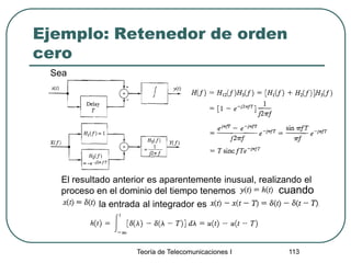 Teoría de Telecomunicaciones I 113
Ejemplo: Retenedor de orden
cero
Sea
El resultado anterior es aparentemente inusual, realizando el
proceso en el dominio del tiempo tenemos
la entrada al integrador es
cuando
 