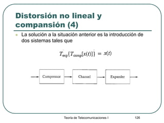 Teoría de Telecomunicaciones I 126
Distorsión no lineal y
compansión (4)
 La solución a la situación anterior es la introducción de
dos sistemas tales que
 