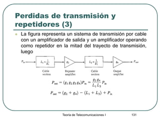 Perdidas de transmisión y
repetidores (3)
 La figura representa un sistema de transmisión por cable
con un amplificador de salida y un amplificador operando
como repetidor en la mitad del trayecto de transmisión,
luego
Teoría de Telecomunicaciones I 131
 
