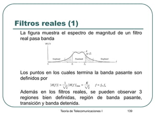 Filtros reales (1)
La figura muestra el espectro de magnitud de un filtro
real pasa banda
Los puntos en los cuales termina la banda pasante son
definidos por
Además en los filtros reales, se pueden observar 3
regiones bien definidas, región de banda pasante,
transición y banda detenida.
Teoría de Telecomunicaciones I 139
 