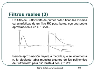 Filtros reales (3)
Un filtro de Butterworth de primer orden tiene las mismas
características de un filtro RC pasa bajos, con una pobre
aproximación a un LPF ideal.
Pero la aproximación mejora a medida que se incrementa
n, la siguiente tabla muestra algunos de los polinomios
de Butterworth para n=1 hasta 4 con
Teoría de Telecomunicaciones I 141
 