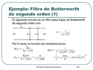 Ejemplo: Filtro de Butterworth
de segundo orden (1)
El siguiente circuito es un filtro pasa bajos de Butterworth
de segundo orden con
Por lo tanto su función de transferencia es
Teoría de Telecomunicaciones I 144
 