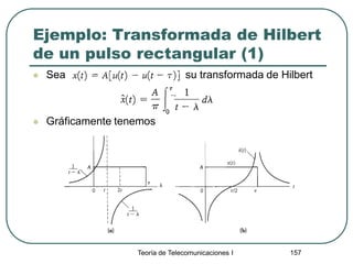 Ejemplo: Transformada de Hilbert
de un pulso rectangular (1)
 Sea su transformada de Hilbert
 Gráficamente tenemos
Teoría de Telecomunicaciones I 157
 