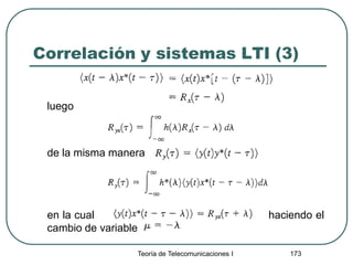 Correlación y sistemas LTI (3)
Teoría de Telecomunicaciones I 173
luego
de la misma manera
en la cual haciendo el
cambio de variable
 