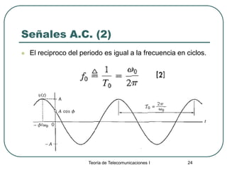 Teoría de Telecomunicaciones I 24
Señales A.C. (2)
 El reciproco del periodo es igual a la frecuencia en ciclos.
 