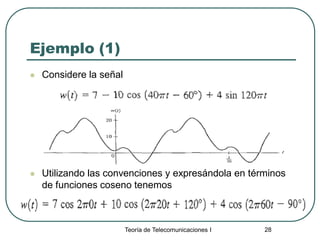 Teoría de Telecomunicaciones I 28
Ejemplo (1)
 Considere la señal
 Utilizando las convenciones y expresándola en términos
de funciones coseno tenemos
 