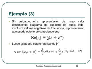 Teoría de Telecomunicaciones I 30
Ejemplo (3)
 Sin embargo, otra representación de mayor valor
denominada diagrama de espectro de doble lado,
involucra valores negativos de frecuencia, representación
que puede obtenerse conociendo que
 Luego se puede obtener aplicando [4]
 