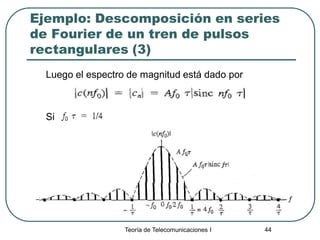 Teoría de Telecomunicaciones I 44
Ejemplo: Descomposición en series
de Fourier de un tren de pulsos
rectangulares (3)
Luego el espectro de magnitud está dado por
Si
 