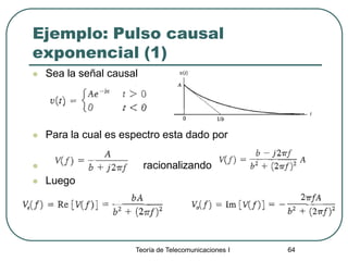Teoría de Telecomunicaciones I 64
Ejemplo: Pulso causal
exponencial (1)
 Sea la señal causal
 Para la cual es espectro esta dado por
 racionalizando
 Luego
 