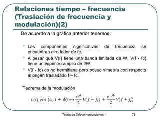 Teoría de Telecomunicaciones I 75
Relaciones tiempo – frecuencia
(Traslación de frecuencia y
modulación)(2)
De acuerdo a la gráfica anterior tenemos:
• Las componentes significativas de frecuencia se
encuentran alrededor de fc.
• A pesar que V(f) tiene una banda limitada de W, V(f - fc)
tiene un espectro amplio de 2W.
• V(f - fc) es no hermitiana pero posee simetría con respecto
al origen trasladado f – fc.
Teorema de la modulación
 