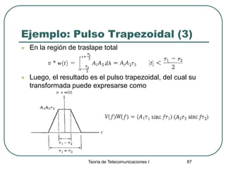 Teoría de Telecomunicaciones I 87
Ejemplo: Pulso Trapezoidal (3)
 En la región de traslape total
 Luego, el resultado es el pulso trapezoidal, del cual su
transformada puede expresarse como
 