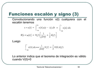 Teoría de Telecomunicaciones I 94
Funciones escalón y signo (3)
Convolucionando una función v(t) cualquiera con el
escalón tenemos
Luego
Lo anterior indica que el teorema de integración es válido
cuando V(0)=0
 