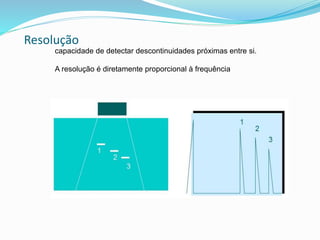 Resolução
capacidade de detectar descontinuidades próximas entre si.
A resolução é diretamente proporcional à frequência
 