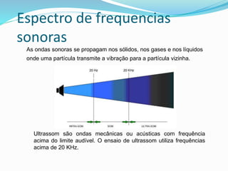 Espectro de frequencias
sonoras
Ultrassom são ondas mecânicas ou acústicas com frequência
acima do limite audível. O ensaio de ultrassom utiliza frequências
acima de 20 KHz.
As ondas sonoras se propagam nos sólidos, nos gases e nos líquidos
onde uma partícula transmite a vibração para a partícula vizinha.
 