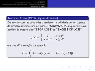 introdu¸c˜ao
breves no¸c˜oes acerca da teoria da utilidade
alguns conceitos em seguros sob uma perspectiva da utilidade
elementos de seguro
Teorema: Arrow (1963) (seguro de sa´ude)
De acordo com as condi¸c˜oes anteriores, a utilidade de um agente
de decis˜ao adverso face ao risco ´e MAXIMIZADA adquirindo uma
ap´olice de seguro tipo ”STOP-LOSS”ou ”EXCESS-OF-LOSS”
Id∗ (x) =
0 , x < d∗
x − d∗ , x ≥ d∗
em que d∗ ´e solu¸c˜ao da equa¸c˜ao
P =
∞
d
(x − d)f (x)dx (= E[Id∗ (X)])
56 / 57
 