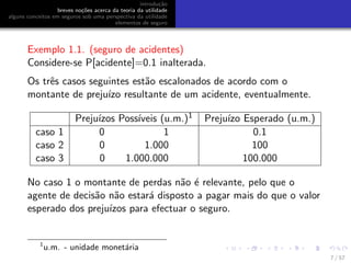 introdu¸c˜ao
breves no¸c˜oes acerca da teoria da utilidade
alguns conceitos em seguros sob uma perspectiva da utilidade
elementos de seguro
Exemplo 1.1. (seguro de acidentes)
Considere-se P[acidente]=0.1 inalterada.
Os trˆes casos seguintes est˜ao escalonados de acordo com o
montante de preju´ızo resultante de um acidente, eventualmente.
Preju´ızos Poss´ıveis (u.m.)1 Preju´ızo Esperado (u.m.)
caso 1 0 1 0.1
caso 2 0 1.000 100
caso 3 0 1.000.000 100.000
No caso 1 o montante de perdas n˜ao ´e relevante, pelo que o
agente de decis˜ao n˜ao estar´a disposto a pagar mais do que o valor
esperado dos preju´ızos para efectuar o seguro.
1
u.m. - unidade monet´aria
7 / 57
 