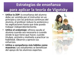 Estrategias de enseñanzapara aplicar la teoría de VigotskyMotive el aprendizaje colaborativo: tanto niños como adultos se involucran en actividades colaborativas, debe construir comunidades de aprendizaje en lugar de que los aprendices trabajen aislados.Tome en cuenta el contexto cultural: guie el aprendizaje de las habilidades que son importantes en la cultura en que se vive.Anime a los alumnos a utilizar el habla privada:  estoy les ayudará a internalizar y autor regular su conducta y su aprendizaje.