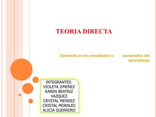 TEORIA DIRECTA


       Centrada en los resultados o   contenidos del
                                         aprendizaje




 INTEGRANTES:
VIOLETA JIMENEZ
 KAREN BEATRIZ
    VAZQUEZ
CRYSTAL MENDEZ
CRISTAL MORALES
ALICIA GUERRERO
 