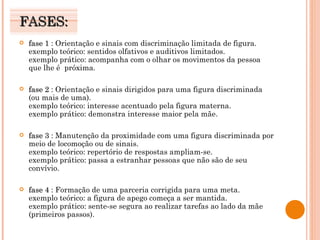 FASES: fase 1  : Orientação e sinais com discriminação limitada de figura. exemplo teórico: sentidos olfativos e auditivos limitados. exemplo prático: acompanha com o olhar os movimentos da pessoa que lhe é  próxima. fase 2  : Orientação e sinais dirigidos para uma figura discriminada (ou mais de uma). exemplo teórico: interesse acentuado pela figura materna. exemplo prático: demonstra interesse maior pela mãe. fase 3  : Manutenção da proximidade com uma figura discriminada por meio de locomoção ou de sinais. exemplo teórico: repertório de respostas ampliam-se. exemplo prático: passa a estranhar pessoas que não são de seu convívio. fase 4  : Formação de uma parceria corrigida para uma meta. exemplo teórico: a figura de apego começa a ser mantida. exemplo prático: sente-se segura ao realizar tarefas ao lado da mãe (primeiros passos). 