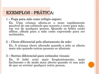 EXEMPLOS - PRÁTICA: 1 – Fuga para mãe como refúgio seguro: Ex. Uma criança afasta-se o mais rapidamente possível de um estímulo que assusta e corre para mãe, em vez de qualquer pessoa. Quando os bebês estão aflitos, olham para a mãe como esperando para ser acalmados. 2 – Choro diferencial pelo afastamento da mãe: Ex. A criança chora alterada quando a mãe se afasta mais não quando outras pessoas se afastam. 3 – Sorriso diferencial para estímulos visuais: Ex. O bebê sorri mais freqüentemente, mais facilmente e de modo mais aberto quando vê sua mãe do que ao avistar qualquer outra pessoa. 