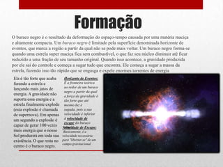 Formação
O buraco negro é o resultado da deformação do espaço-tempo causada por uma matéria maciça
e altamente compacta. Um buraco negro é limitado pela superfície denominada horizonte de
eventos, que marca a região a partir da qual não se pode mais voltar. Um buraco negro forma-se
quando uma estrela super maciça fica sem combustível, o que faz seu núcleo diminuir até ficar
reduzido a uma fração de seu tamanho original. Quando isso acontece, a gravidade produzida
por ele sai do controle e começa a sugar tudo que encontra. Ele começa a sugar a massa da
estrela, fazendo isso tão rápido que se engasga e expele enormes torrentes de energia
Ela é tão forte que acaba   Horizonte de Eventos:
furando a estrela e         É a fronteira teórica
lançando mais jatos de      ao redor de um buraco
                            negro a partir da qual
energia. A gravidade não    a força da gravidade é
suporta essa energia e a    tão forte que até
estrela finalmente explode mesmo luz é
(esta explosão é chamada sugada, pois a sua
de supernova). Em apenas velocidade é inferior
um segundo a explosão é     à velocidade de
                            escape do buraco
capaz de gerar 100 vezes Velocidade de Escape:
                            negro.
mais energia que o nosso Basicamente, é a
Sol produzirá em toda sua velocidade necessária
existência. O que resta no para "libertar-se" de um
                           campo gravitacional.
centro é o buraco negro.
 