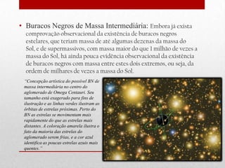 • Buracos Negros de Massa Intermediária: Embora já exista
  comprovação observacional da existência de buracos negros
  estelares, que teriam massa de até algumas dezenas da massa do
  Sol, e de supermassivos, com massa maior do que 1 milhão de vezes a
  massa do Sol, há ainda pouca evidência observacional da existência
  de buracos negros com massa entre estes dois extremos, ou seja, da
  ordem de milhares de vezes a massa do Sol.
 “Concepção artística do possível BN de
 massa intermediária no centro do
 aglomerado de Omega Centauri. Seu
 tamanho está exagerado para fins de
 ilustração e as linhas verdes ilustram as
 órbitas de estrelas próximas. Perto do
 BN as estrelas se movimentam mais
 rapidamente do que as estrelas mais
 distantes. A coloração amarela ilustra o
 fato da maioria das estrelas do
 aglomerado serem frias, e a cor azul
 identifica as poucas estrelas azuis mais
 quentes.”
 
