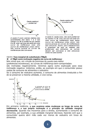 1.3.1.1. Taxa marginal de substituição (TMgS) 
A TMgS como inclinação negativa da curva de indiferença: 
Nós vimos que, em virtude da premissa do quanto mais melhor 
(preferências monotônicas), as curvas de indiferença bem-comportadas3 
são inclinadas negativamente. Veremos agora outra explicação para essa 
inclinação negativa. Voltemos, então, ao exemplo em que o consumidor possui 
cestas de consumo de alimentos e vestuário: 
Se o consumo de vestuário aumenta, o consumo de alimentos éreduzido a fim 
de se preservar a mesma utilidade, e vice-versa. 
Em primeira instância, o que ocasiona estas mudanças ao longo da curva de 
indiferença e a sua própria inclinação é o princípio da utilidade marginal 
decrescente. Quando nos movemos para a direita, aumentando o consumo de 
alimentos, por exemplo, a sua utilidade marginal decresce, fazendo com que o 
consumidor queira abrir mão cada vez menos de vestuário em troca de 
alimentos. 
5 
 