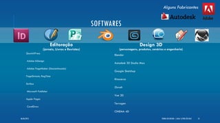 SOFTWARES
Editoração
(jornais, Livros e Revistas)
• QuarkXPress
• Adobe InDesign
• Adobe PageMaker (Descontinuado)
• PageStream, RagTime
• Scribus
• Microsoft Publisher
• Apple Pages
• CorelDraw
Design 3D
(personagens, produtos, cenários e engenharia)
• Blender
• Autodesk 3D Studio Max
• Google Sketchup
• Rinoceros
• Zbrush
• Vue 3D
• Terragen
• CINEMA 4D
TEORIA DO DESIGN - [ AULA 1] POR LÉO DIAZ 10
Alguns Fabricantes
06/06/2013
 