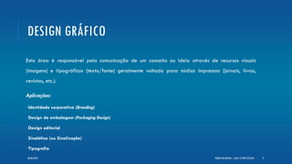 DESIGN GRÁFICO
Esta área é responsável pela comunicação de um conceito ou ideia através de recursos visuais
(imagens) e tipográficos (texto/fonte) geralmente voltada para mídias impressas (jornais, livros,
revistas, etc.).
Aplicações:
Identidade corporativa (Branding)
Design de embalagem (Packaging Design)
Design editorial
Sinalética (ou Sinalização)
Tipografia
TEORIA DO DESIGN - [ AULA 1] POR LÉO DIAZ 406/06/2013
 