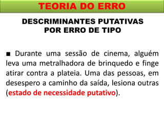 TEORIA DO ERRO
■ Durante uma sessão de cinema, alguém
leva uma metralhadora de brinquedo e finge
atirar contra a plateia. Uma das pessoas, em
desespero a caminho da saída, lesiona outras
(estado de necessidade putativo).
DESCRIMINANTES PUTATIVAS
POR ERRO DE TIPO
 