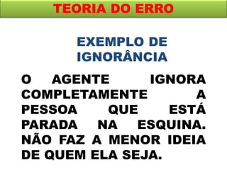 EXEMPLO DE
IGNORÂNCIA
TEORIA DO ERRO
O AGENTE IGNORA
COMPLETAMENTE A
PESSOA QUE ESTÁ
PARADA NA ESQUINA.
NÃO FAZ A MENOR IDEIA
DE QUEM ELA SEJA.
 