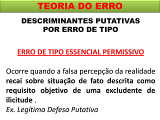TEORIA DO ERRO
ERRO DE TIPO ESSENCIAL PERMISSIVO
Ocorre quando a falsa percepção da realidade
recai sobre situação de fato descrita como
requisito objetivo de uma excludente de
ilicitude .
Ex. Legítima Defesa Putativa
DESCRIMINANTES PUTATIVAS
POR ERRO DE TIPO
 