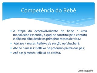 A etapa do desenvolvimento do bebê é uma
modalidade essencial, a qual se constitui pelo contato
e olho no olho desde os primeiros meses de vida.;
Até aos 3 meses:Reflexo de sucção ou(chuchar);
Até ao 6 meses: Reflexo de preensão palma dos pés;
Até oas 9 mese: Reflexo de defesa.
Competência do Bebê
Carla Nogueira
 