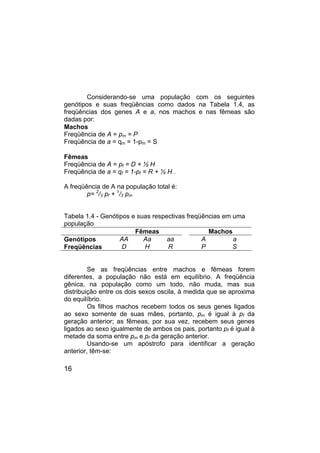 16
Considerando-se uma população com os seguintes
genótipos e suas freqüências como dados na Tabela 1.4, as
freqüências dos genes A e a, nos machos e nas fêmeas são
dadas por:
Machos
Freqüência de A = pm = P
Freqüência de a = qm = 1-pm = S
Fêmeas
Freqüência de A = pf = D + ½ H
Freqüência de a = qf = 1-pf = R + ½ H .
A freqüência de A na população total é:
p= 2
/3 pf + 1
/3 pm
Tabela 1.4 - Genótipos e suas respectivas freqüências em uma
população
Fêmeas Machos
Genótipos AA Aa aa A a
Freqüências D H R P S
Se as freqüências entre machos e fêmeas forem
diferentes, a população não está em equilíbrio. A freqüência
gênica, na população como um todo, não muda, mas sua
distribuição entre os dois sexos oscila, à medida que se aproxima
do equilíbrio.
Os filhos machos recebem todos os seus genes ligados
ao sexo somente de suas mães, portanto, pm é igual à pf da
geração anterior; as fêmeas, por sua vez, recebem seus genes
ligados ao sexo igualmente de ambos os pais, portanto pf é igual à
metade da soma entre pm e pf da geração anterior.
Usando-se um apóstrofo para identificar a geração
anterior, têm-se:
 