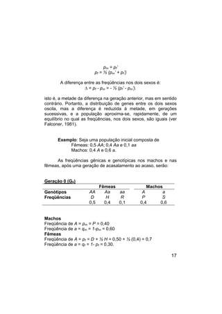 17
pm = pf’
pf = ½ (pm’ + pf’)
A diferença entre as freqüências nos dois sexos é:
∆ = pf - pm = - ½ (pf’ - pm’).
isto é, a metade da diferença na geração anterior, mas em sentido
contrário. Portanto, a distribuição de genes entre os dois sexos
oscila, mas a diferença é reduzida à metade, em gerações
sucessivas, e a população aproxima-se, rapidamente, de um
equilíbrio no qual as freqüências, nos dois sexos, são iguais (ver
Falconer, 1981).
Exemplo: Seja uma população inicial composta de
Fêmeas: 0,5 AA; 0,4 Aa e 0,1 aa
Machos: 0,4 A e 0,6 a.
As freqüências gênicas e genotípicas nos machos e nas
fêmeas, após uma geração de acasalamento ao acaso, serão:
Geração 0 (G0)
Fêmeas Machos
Genótipos AA Aa aa A a
Freqüências D H R P S
0,5 0,4 0,1 0,4 0,6
Machos
Freqüência de A = pm = P = 0,40
Freqüência de a = qm = 1-pm = 0,60
Fêmeas
Freqüência de A = pf = D + ½ H = 0,50 + ½ (0,4) = 0,7
Freqüência de a = qf = 1- pf = 0,30.
 