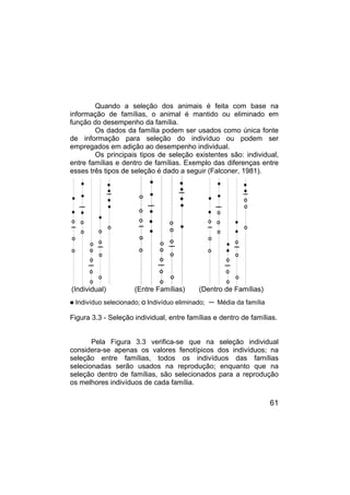 61
Quando a seleção dos animais é feita com base na
informação de famílias, o animal é mantido ou eliminado em
função do desempenho da família.
Os dados da família podem ser usados como única fonte
de informação para seleção do indivíduo ou podem ser
empregados em adição ao desempenho individual.
Os principais tipos de seleção existentes são: individual,
entre famílias e dentro de famílias. Exemplo das diferenças entre
esses três tipos de seleção é dado a seguir (Falconer, 1981).
...........................................................................................
...........................................................................................
...........................................................................................
...........................................................................................
...........................................................................................
...........................................................................................
...........................................................................................
...........................................................................................
...........................................................................................
...........................................................................................
...........................................................................................
...........................................................................................
...........................................................................................
...........................................................................................
...........................................................................................
(Individual) (Entre Famílias) (Dentro de Famílias)
Indivíduo selecionado; Indivíduo eliminado; Média da família
Figura 3.3 - Seleção individual, entre famílias e dentro de famílias.
Pela Figura 3.3 verifica-se que na seleção individual
considera-se apenas os valores fenotípicos dos indivíduos; na
seleção entre famílias, todos os indivíduos das famílias
selecionadas serão usados na reprodução; enquanto que na
seleção dentro de famílias, são selecionados para a reprodução
os melhores indivíduos de cada família.
 