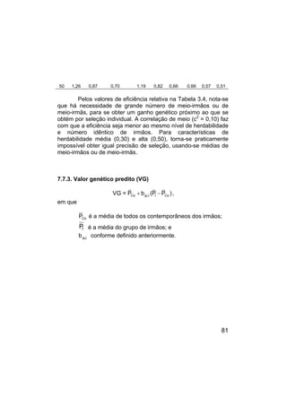 81
50 1,26 0,87 0,70 1,19 0,82 0,66 0,66 0,57 0,51
Pelos valores de eficiência relativa na Tabela 3.4, nota-se
que há necessidade de grande número de meio-irmãos ou de
meio-irmãs, para se obter um ganho genético próximo ao que se
obtém por seleção individual. A correlação de meio (c2
= 0,10) faz
com que a eficiência seja menor ao mesmo nível de herdabilidade
e número idêntico de irmãos. Para características de
herdabilidade média (0,30) e alta (0,50), torna-se praticamente
impossível obter igual precisão de seleção, usando-se médias de
meio-irmãos ou de meio-irmãs.
7.7.3. Valor genético predito (VG)
+ −
Co I Co
Ai I
VG = P b (P P ),
em que
Co
P é a média de todos os contemporâneos dos irmãos;
I
P é a média do grupo de irmãos; e
I
Ai
b conforme definido anteriormente.
 