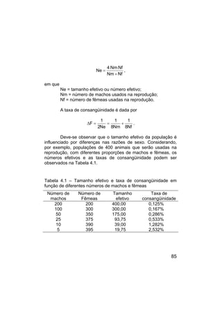 85
Nf
Nm
Nf
Nm
4
Ne
+
= ,
em que
Ne = tamanho efetivo ou número efetivo;
Nm = número de machos usados na reprodução;
Nf = número de fêmeas usadas na reprodução.
A taxa de consangüinidade é dada por
Nf
8
1
Nm
8
1
Ne
2
1
F +
=
=
∆ .
Deve-se observar que o tamanho efetivo da população é
influenciado por diferenças nas razões de sexo. Considerando,
por exemplo, populações de 400 animais que serão usadas na
reprodução, com diferentes proporções de machos e fêmeas, os
números efetivos e as taxas de consangüinidade podem ser
observados na Tabela 4.1.
Tabela 4.1 – Tamanho efetivo e taxa de consangüinidade em
função de diferentes números de machos e fêmeas
Número de
machos
Número de
Fêmeas
Tamanho
efetivo
Taxa de
consangüinidade
200 200 400,00 0,125%
100 300 300,00 0,167%
50 350 175,00 0,286%
25 375 93,75 0,533%
10 390 39,00 1,282%
5 395 19,75 2,532%
 
