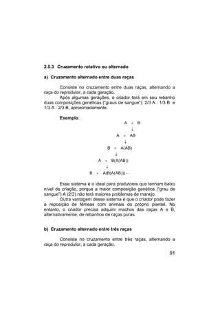 91
2.5.3 Cruzamento rotativo ou alternado
a) Cruzamento alternado entre duas raças
Consiste no cruzamento entre duas raças, alternando a
raça do reprodutor, a cada geração.
Após algumas gerações, o criador terá em seu rebanho
duas composições genéticas (“graus de sangue”): 2/3 A : 1/3 B e
1/3 A : 2/3 B, aproximadamente.
Exemplo:
A B
A AB
B A(AB)
A B(A(AB))
B A(B(A(AB)))
×
↓
×
↓
×
↓
×
↓
× L
Esse sistema é o ideal para produtores que tenham baixo
nível de criação, porque a maior composição genética (“grau de
sangue”) A (2/3) não terá maiores problemas de manejo.
Outra vantagem desse sistema é que o criador pode fazer
a reposição de fêmeas com animais do próprio plantel. No
entanto, o criador precisa adquirir machos das raças A e B,
alternativamente, de rebanhos de raças puras.
b) Cruzamento alternado entre três raças
Consiste no cruzamento entre três raças, alternando a
raça do reprodutor, a cada geração.
 
