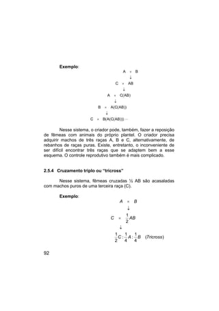 92
Exemplo:
A B
C AB
A C(AB)
B A(C(AB))
C B(A(C(AB)))
×
↓
×
↓
×
↓
×
↓
× L
Nesse sistema, o criador pode, também, fazer a reposição
de fêmeas com animais do próprio plantel. O criador precisa
adquirir machos de três raças A, B e C, alternativamente, de
rebanhos de raças puras. Existe, entretanto, o inconveniente de
ser difícil encontrar três raças que se adaptem bem a esse
esquema. O controle reprodutivo também é mais complicado.
2.5.4 Cruzamento triplo ou “tricross”
Nesse sistema, fêmeas cruzadas ½ AB são acasaladas
com machos puros de uma terceira raça (C).
Exemplo:
A B
C AB
C A B Tricross
1
2
1 1 1
: : ( )
2 4 4
×
↓
×
↓
 