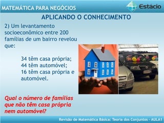 Revisão de Matemática Básica: Teoria dos Conjuntos – AULA1
MATEMÁTICA PARA NEGÓCIOS
APLICANDO O CONHECIMENTO
2) Um levantamento
socioeconômico entre 200
famílias de um bairro revelou
que:
34 têm casa própria;
44 têm automóvel;
16 têm casa própria e
automóvel.
Qual o número de famílias
que não têm casa própria
nem automóvel?
 