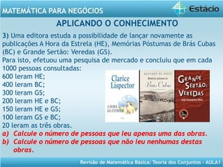 Revisão de Matemática Básica: Teoria dos Conjuntos – AULA1
MATEMÁTICA PARA NEGÓCIOS
APLICANDO O CONHECIMENTO
3) Uma editora estuda a possibilidade de lançar novamente as
publicações A Hora da Estrela (HE), Memórias Póstumas de Brás Cubas
(BC) e Grande Sertão: Veredas (GS).
Para isto, efetuou uma pesquisa de mercado e concluiu que em cada
1000 pessoas consultadas:
600 leram HE;
400 leram BC;
300 leram GS;
200 leram HE e BC;
150 leram HE e GS;
100 leram GS e BC;
20 leram as três obras.
a) Calcule o número de pessoas que leu apenas uma das obras.
b) Calcule o número de pessoas que não leu nenhumas destas
obras.
 