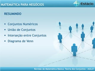 Revisão de Matemática Básica: Teoria dos Conjuntos – AULA1
MATEMÁTICA PARA NEGÓCIOS
RESUMINDO
 Conjuntos Numéricos
 União de Conjuntos
 Interseção entre Conjuntos
 Diagrama de Venn
 