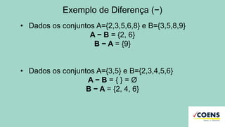 Exemplo de Diferença (−)
• Dados os conjuntos A={2,3,5,6,8} e B={3,5,8,9}
A − B = {2, 6}
B − A = {9}
• Dados os conjuntos A={3,5} e B={2,3,4,5,6}
A − B = { } = Ø
B − A = {2, 4, 6}
 
