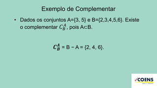 Exemplo de Complementar
• Dados os conjuntos A={3, 5} e B={2,3,4,5,6}. Existe
o complementar 𝐶 𝐵
𝐴
, pois A⊂B.
𝑪 𝑩
𝑨
= B − A = {2, 4, 6}.
 