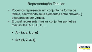 Representação Tabular
• Podemos representar um conjunto na forma de
tabela, escrevendo seus elementos entre chaves { }
e separados por vírgula.
• É usual representarmos os conjuntos por letras
maiúsculas A, B, C, D, ...
• A = {a, e, i, o, u}
• B = {1, 2, 3, 4}
 