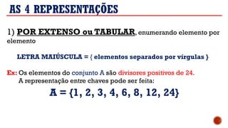 1) POR EXTENSO ou TABULAR, enumerando elemento por
elemento
LETRA MAIÚSCULA = { elementos separados por vírgulas }
Ex: Os elementos do conjunto A são divisores positivos de 24.
A representação entre chaves pode ser feita:
AS 4 REPRESENTAÇÕES
A = {1, 2, 3, 4, 6, 8, 12, 24}
 