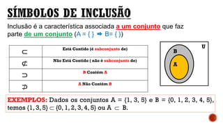 ⊂ Está Contido (é subconjunto de)
⊄ Não Está Contido ( não é subconjunto de)
⊃ B Contém A
⊃ A Não Contém B
Inclusão é a característica associada a um conjunto que faz
parte de um conjunto (A = { } B= { })
EXEMPLOS: Dados os conjuntos A = {1, 3, 5} e B = {0, 1, 2, 3, 4, 5},
temos {1, 3, 5}  {0, 1, 2, 3, 4, 5} ou A  B.
A
B
U
 
